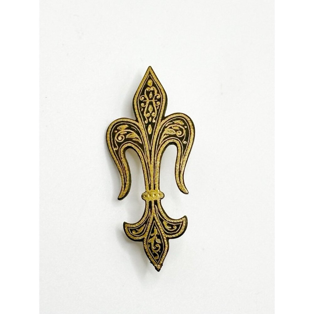 Vintage C Clasp Damascene‎ Style Fleur De Lis Pin Brooch